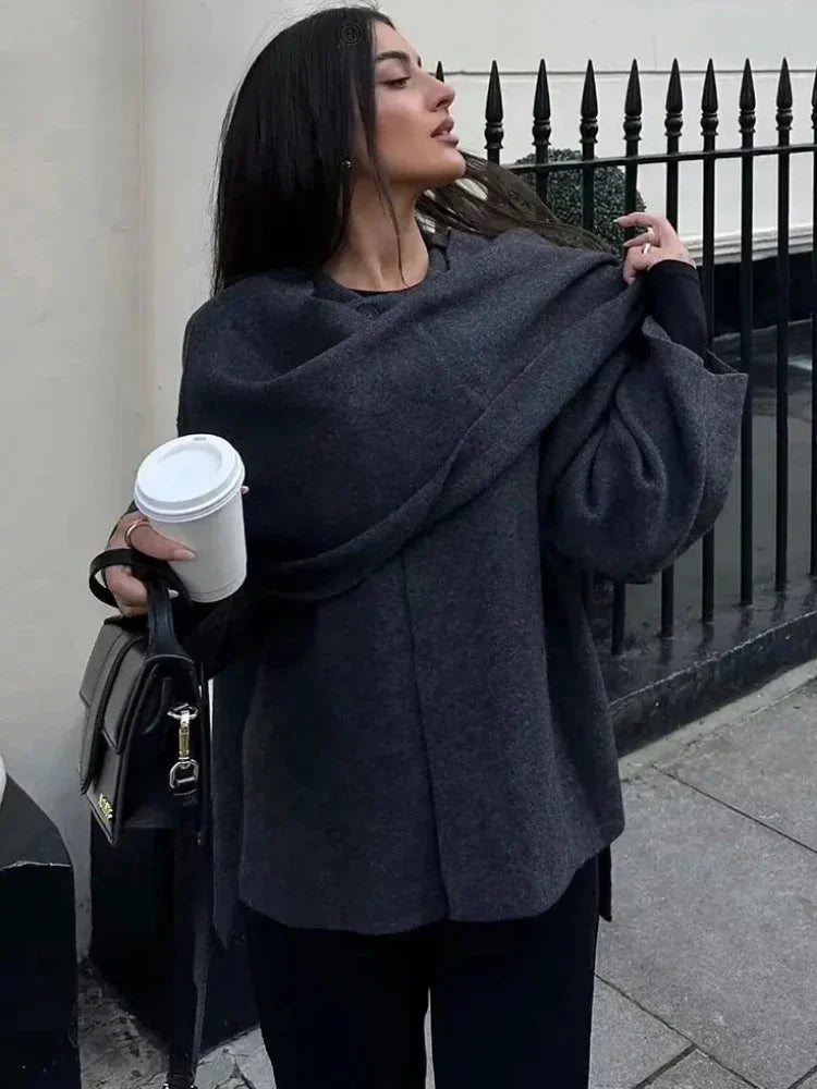 ZBZA Women's Asymmetric Scarf Knitted Jacket O-neck Single Button Side Slit Solid Loose Coat Winter New Female Chic Outerwear.