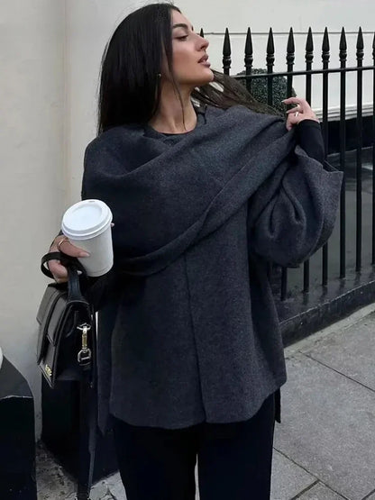 ZBZA Women's Asymmetric Scarf Knitted Jacket O-neck Single Button Side Slit Solid Loose Coat Winter New Female Chic Outerwear.