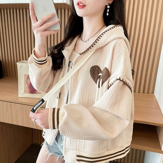 Hoodies Sweatshirt for Women with Zipper Y2k Vintage Matching New in Essential Nice Color Apricot Woman Hooded Tops Full Zip Up.