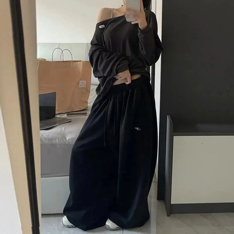 Oversize Cotton Pants Woman Y2K Casual Drawstring Trousers Korean Streetwear High Waist All Match Jogger Pants Grey Sweatpants.