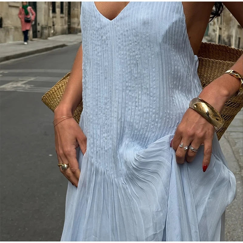 Sexy frauen Einfarbig Gefaltete Lange Kleid Elegante Ärmellose Hosenträger Backless Slim Fit Kleider Strand Party frauen Robe.