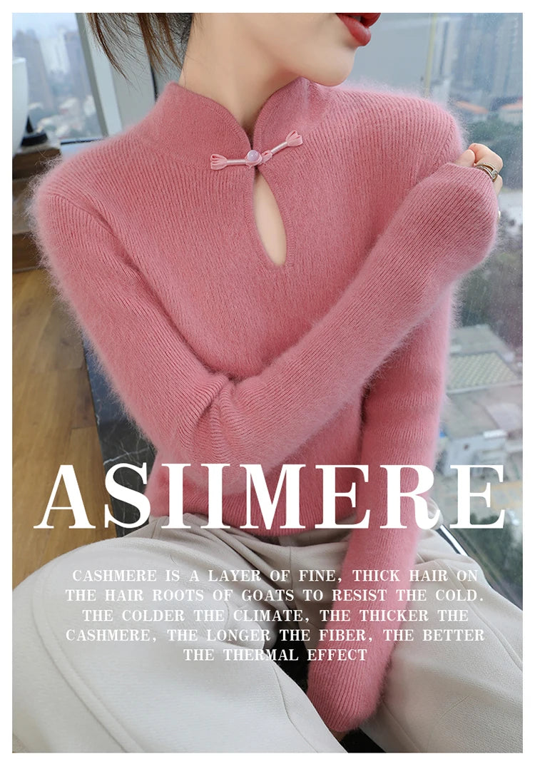 2024 autumn winter new 100% mink cashmere sweater women's pullover slim-fit long sleeve solid color stand collar bottom knitwear.