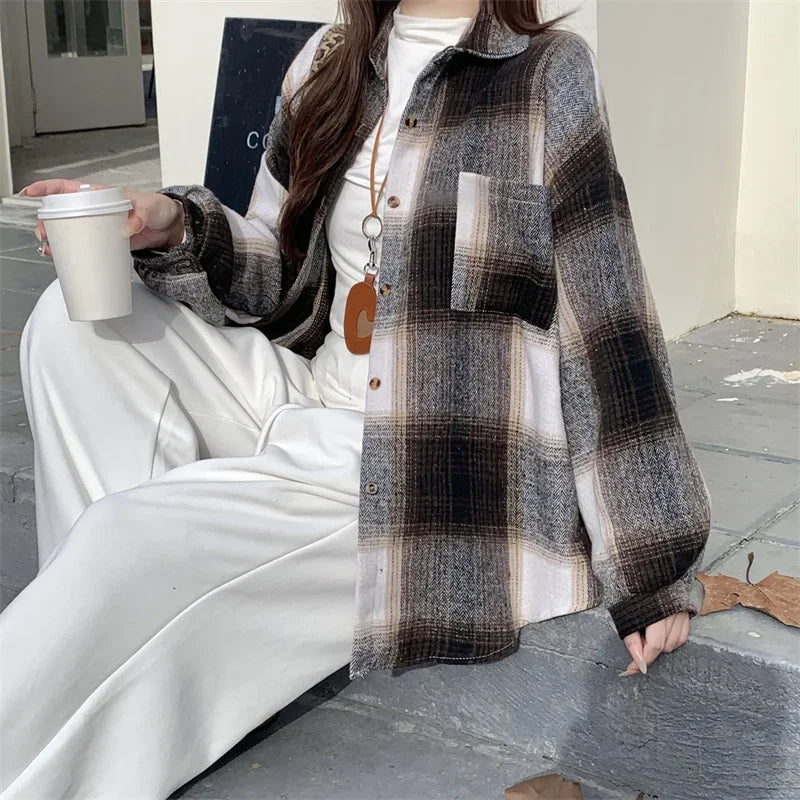 Zjaiss Women Thick Woolen Plaid Blouse Loose Long Sleeved Tops 2025 Autumn Winter New Casual Shirt Long Shirts.
