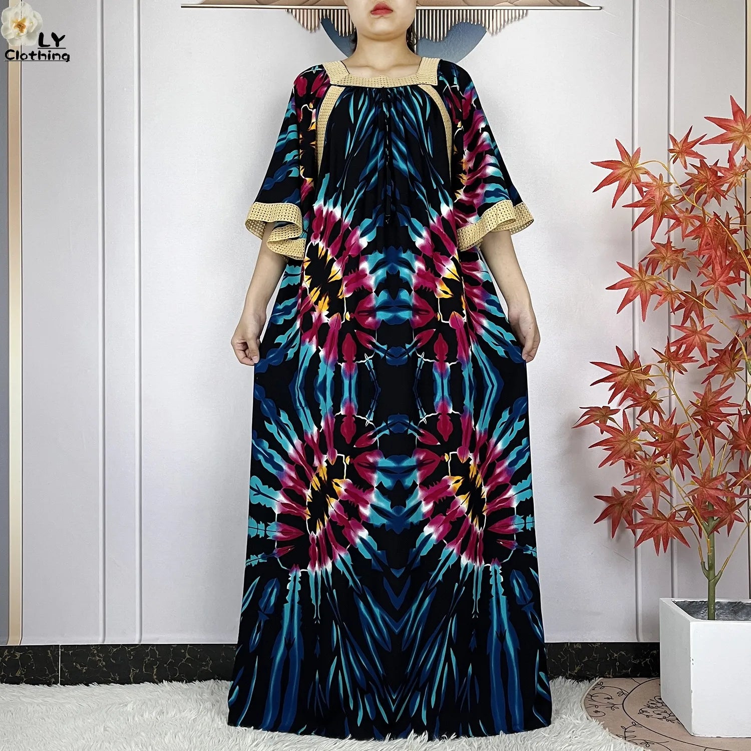 New Muslim Dress Woman Short Sleeve Dashiki African Abaya Tie-dyed Printing Cotton Loose Femme Robe Islamic Dresses With Scarf.