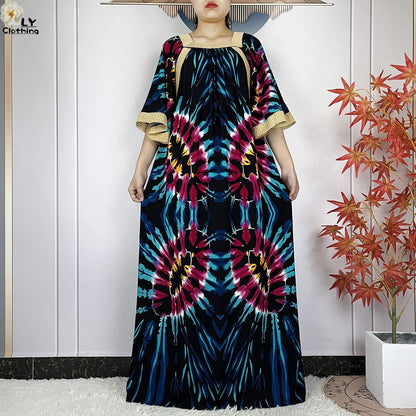 New Muslim Dress Woman Short Sleeve Dashiki African Abaya Tie-dyed Printing Cotton Loose Femme Robe Islamic Dresses With Scarf.