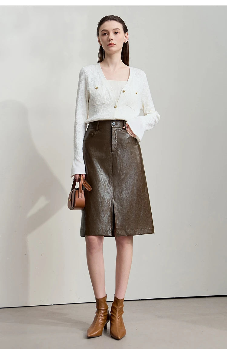 AMII Minimalist PU Leather Skirt For Women 2025 American Retro Knee-Length Skirt Solid Basics Business Women's Clothing 12553014