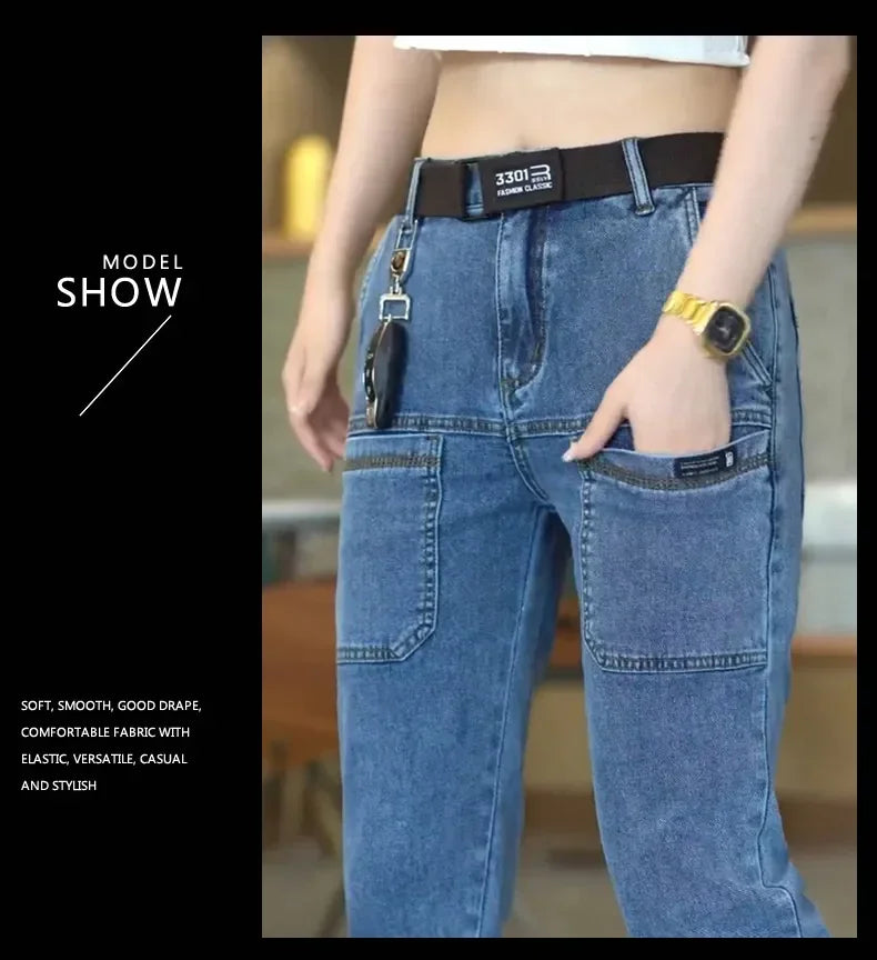 Men Cargo Pants Slim Stretch Jeans Multi Pocket Fashion Streetwear Designer Skinny Male Denim Trousers Brand Clothes Blue Black.