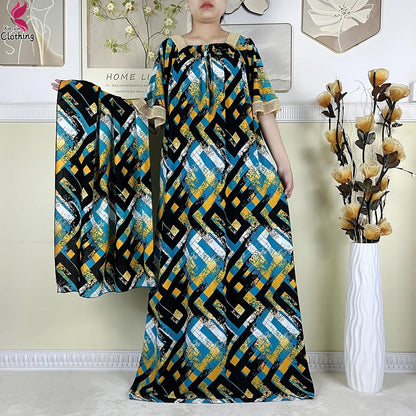 New Muslim Dubai Elegant Dress Summer Short Sleeve African Abaya Printing Cotton Loose Femme Robe Islamic Dresses With Scarf