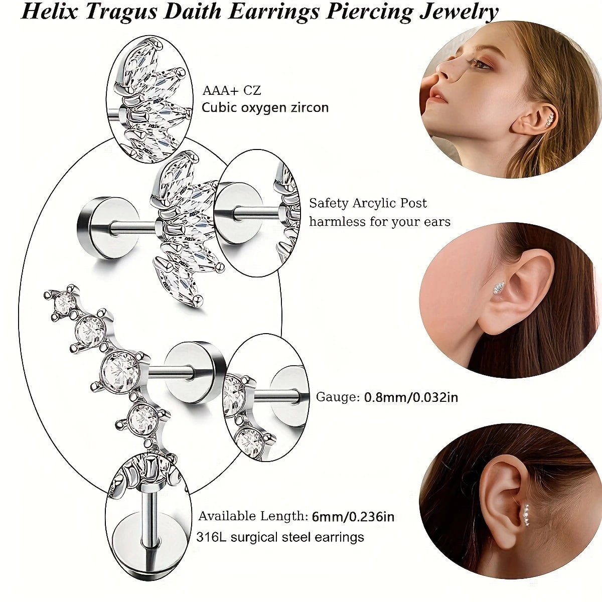 6Pcs 316 Stainless Steel Flat Back Spiral Ear Skull Stud Earrings,Shiny Cubic Zirconia Chain Screw Stud Piercing Jewelry Gifts.