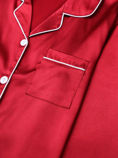 Solides Pyjama-Set mit langen Ärmeln, Knopfleiste, Revers, Oberteil und Hose, Pyjama-Set, Damen-Nachtwäsche und Loungewear.