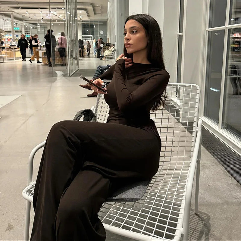 Apprabant Solid Pleated Casual Basic Trousers Set Round Neck Long Sleeve Top Fashion Sports Style High Waist Wide Leg Pants Suit