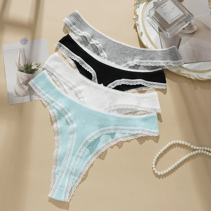 3PCS Sexy Low Waist Panties Women Lace Trim Solid Color Briefs M-XL Breathable Comfortable Lingerie Female Rib Cotton Underwear.