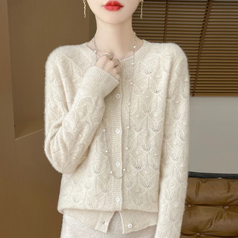 2024 Autumn And Winter New Round Neck Hollowed Out 100 Wool Knitted Cardigan Women's Versatile Coat Loose Casual Sweater DMR281