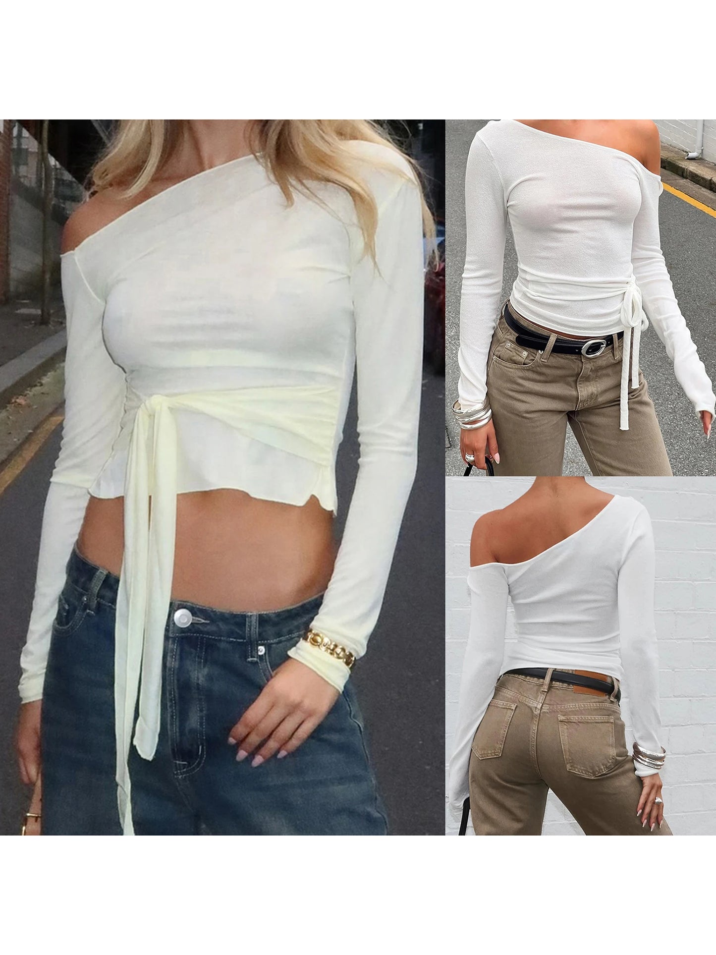 Womens Slim Fitted Tops Long Sleeve Off Shoulder Going Out Fashion Fall Crop Shirts.