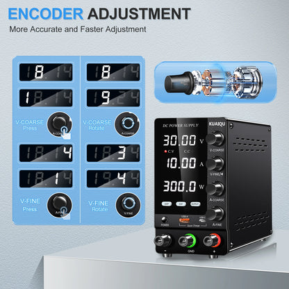 KUAIQU Upgrade Variable Adjustable Switching DC Power Supply 30V 10A Bench Power Supply 60V 5A,OCP OVP OUTPUT Switch, SPS-C3010S.