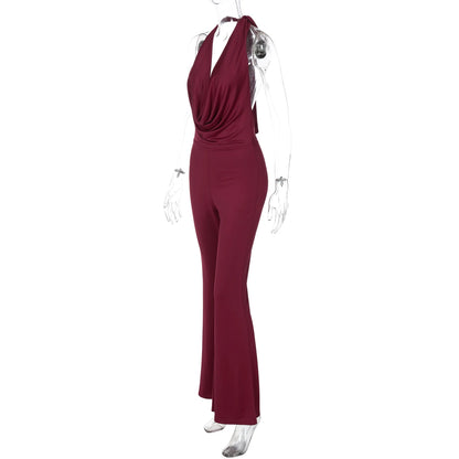 Dulzura Summer Solid Sexy Halter Swinging Collar Backless Slim Lace Up Flared Jumpsuit Women'S Fashion Elegant Party Club Romper