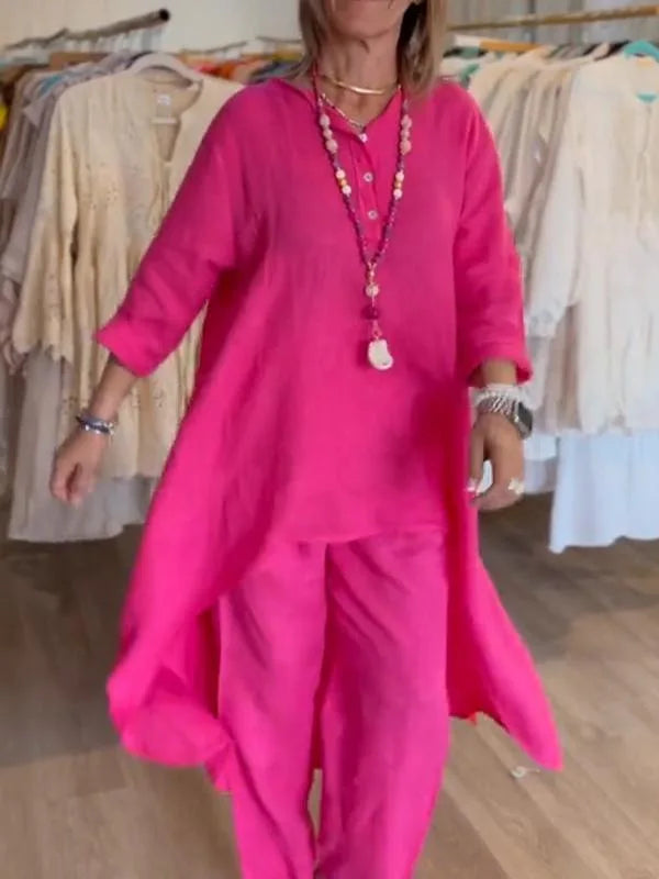 Spring Autumn Solid Color O Neck Seven-point Sleeve Long Women Suit Retro Casual Loose Seven-point Pants Cotton Linen 2piece Set.