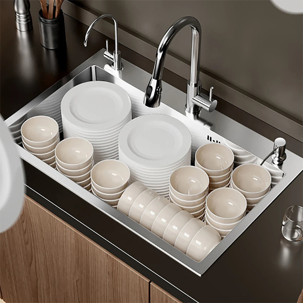 304 Stainless Steel Kitchen Sink Farmhouse Above Counter Undermounter Single Wash Basin with Gourmet Faucet Drain Accessories