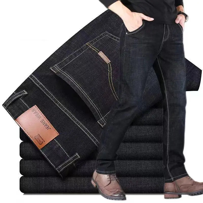 Autumn Classic Men's Fitted Stretch Jeans Business Casual Cotton Denim Straight Leg Pants Male Black Blue Trousers.