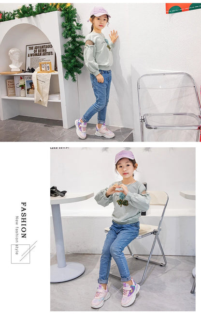 Girls Sports Shoes Kids Running Shoes Pink Breathable Air Mesh Heart Sweet Sneakers Cute Hook & Loop Children's Casual  Shoes