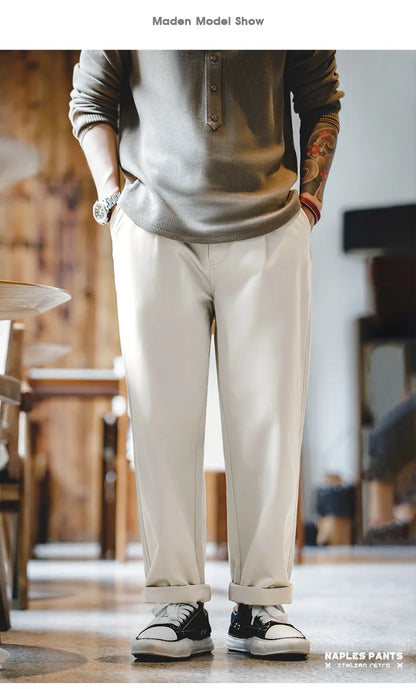 Maden Vintage Gentleman Naples Pants Korea Fashion Casual  Paris Button Straight Wide Trousers 100% Cotton Solid Work Suit Pants.