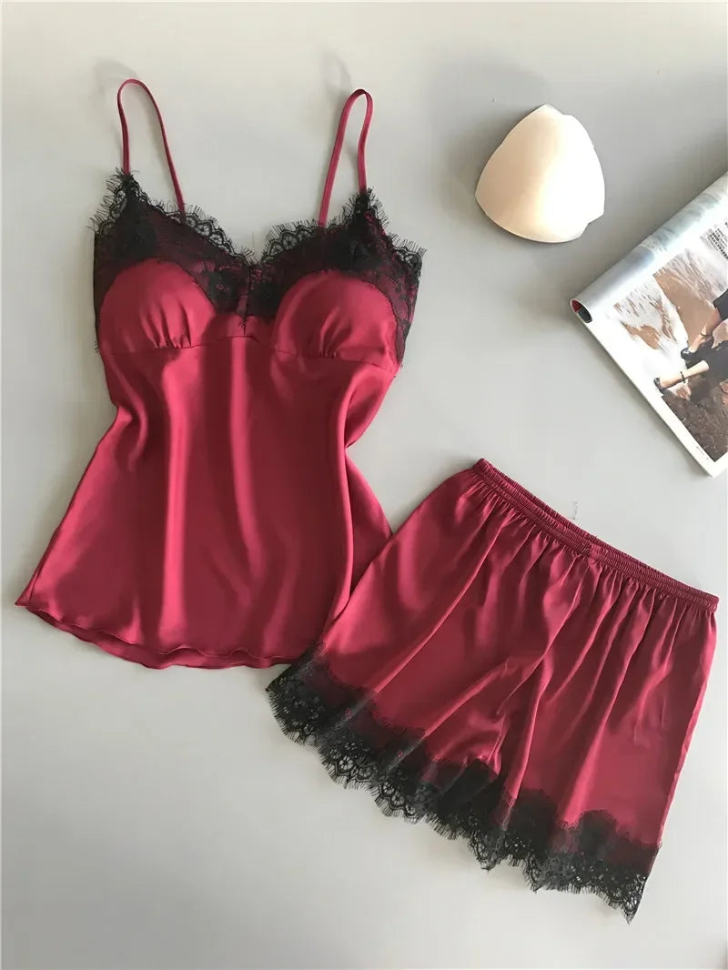 Sommer-Nachtwäsche für Damen, sexy Dessous, Spitze, Satin, Pyjama-Sets, Nachtwäsche, ärmellose Tops + Shorts, 2-teiliges Set, Pyjama-Sets.