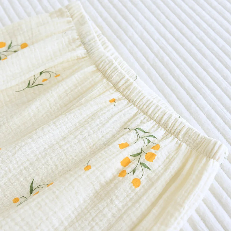 Neuer Sommer-Damen-Pyjama aus Baumwollkrepp, dreiteilig, kurzärmelig + Shorts + Hose, große Größe, einfacher Blumen-Pyjama, Heimservice-Anzug