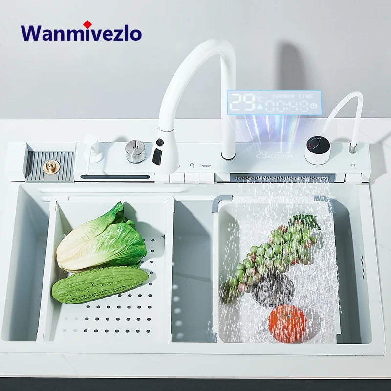 Multifunktionaler digitaler fliegender Regenhahn, weiß, doppelter Wasserfall, Edelstahl-Waschbecken, Küchenspüle, geprägt, großer Einzelschlitz