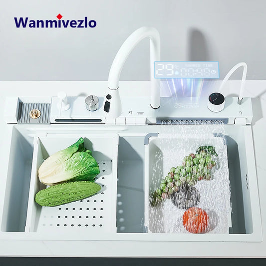 Multifunktionaler digitaler fliegender Regenhahn, weiß, doppelter Wasserfall, Edelstahl-Waschbecken, Küchenspüle, geprägt, großer Einzelschlitz