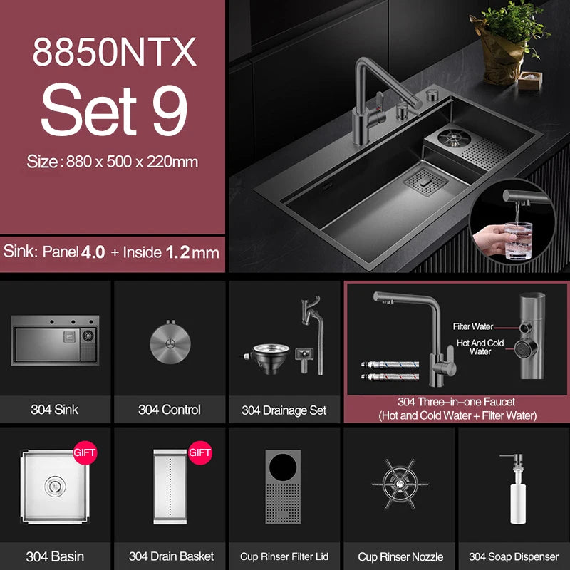 ASRAS New Waterfall Faucet Kitchen Sinks Nanometer Large Size 4mm Panel Handmade Sinks Cup Rinser Kitchen Sinks