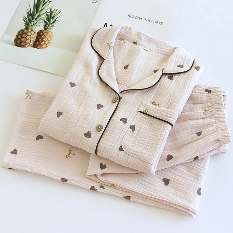 2025 neue Frühjahr/Sommer frauen Pyjama Set 100% Baumwolle Crepe Nette Liebe Langarm Lange Hosen Zwei Stück set Strickjacke Hause Kleidung.