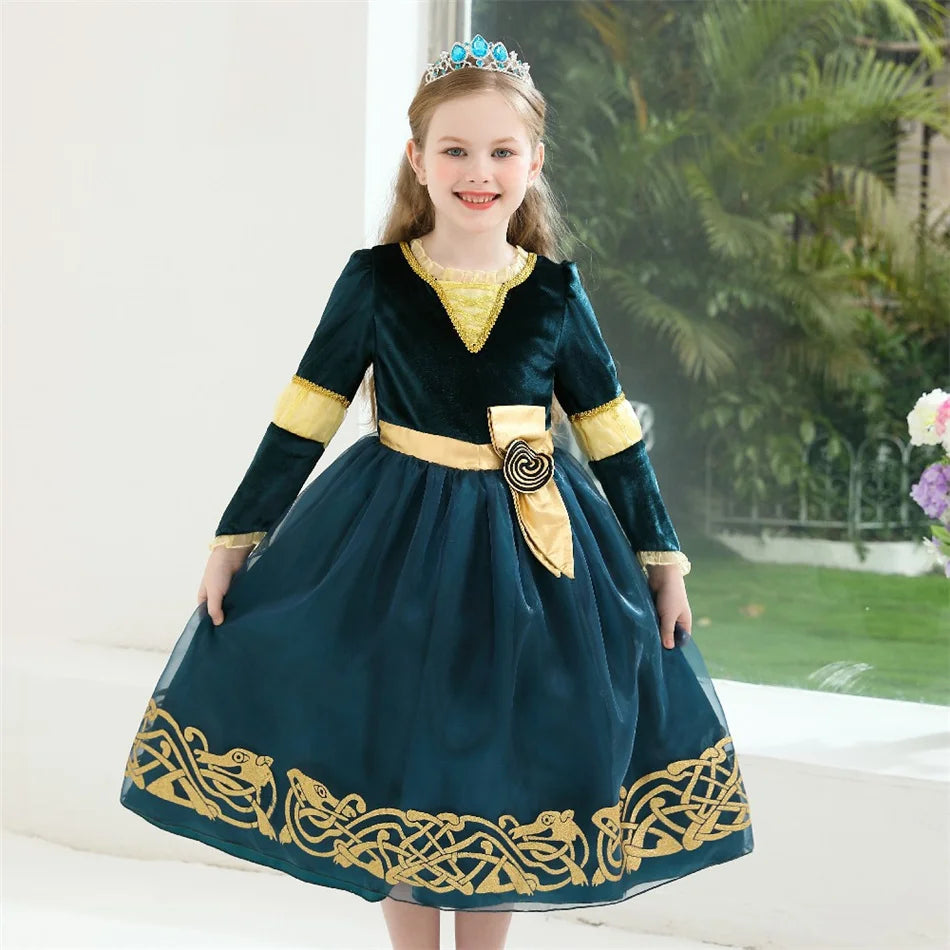 Girls Merida Cosplay Princess Dress Children Stage Performance Clothes Kids Halloween Carnival Party Long Sleeves Outfits.
