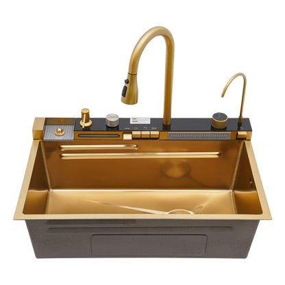 Wasserfall-Küchenspüle-Set mit Digitalanzeige und Wasserhahnschläuchen |   75 * 46 * 22 cm goldenes Edelstahl-Spülbecken-Set für modernes Zuhause