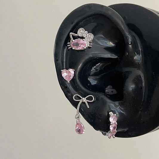 Cute Pink Zircon Cat Stainless Steel Ear Bone Nail Water Droplet Pendant Small Earrings for Women Cochlear Puncture Accessory.