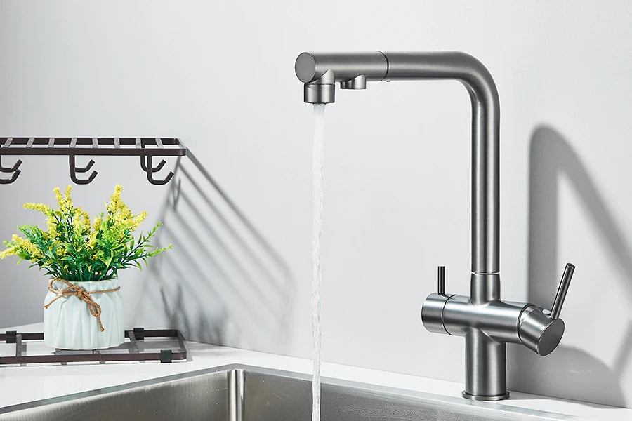 Filtered Kitchen Sink Faucet Pull Out Spray 360 Rotation Water Filter Tap Dual Sprayer Drinking Water Tap Vessel Sink Mixer