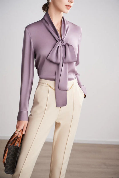 Silk Shirt Women's Thick Temperament Streamer 2025 Spring and Summer New Mulberry Silk Lace-up Design Shirt Long-sleeved Top