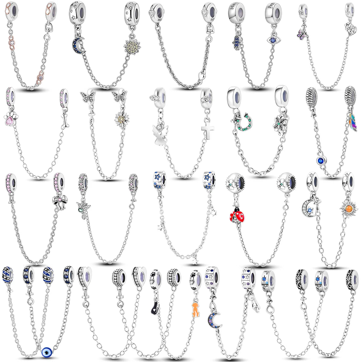 Silver Clasp 925 Sterling Silver CZ pave Clip Charms Daisy Beads Stopper Safety Chain fit Original Bangle Bracelet Jewelry Clip.