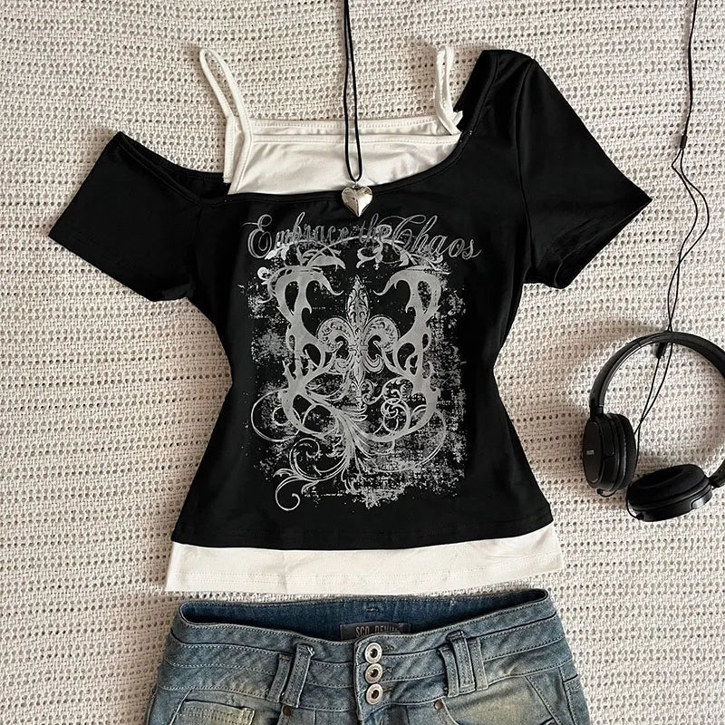 Women's 90s Vintage Punk T-Shirt Summer Streetwear Sexy Short Sleeve Gothic Slim Crop Top Hotgirl Casual Femme Tee Harajuku Y2k.
