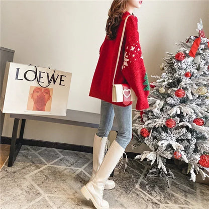 2024 Autumn/Winter New Korean Thickened Color blocked Christmas Sweater Women Hoodie Snowflake Loose Round Neck Lazy Style Tops.