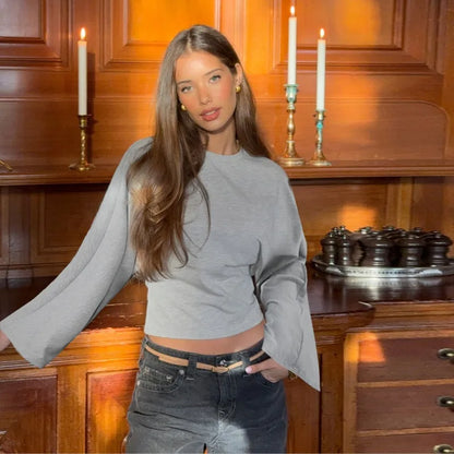 Trendix Basic Long Sleeve Crop Tops Women Summer O Neck Loose Casual Solid Pullover Top Ladies Street Party Club Fashion T Shirt