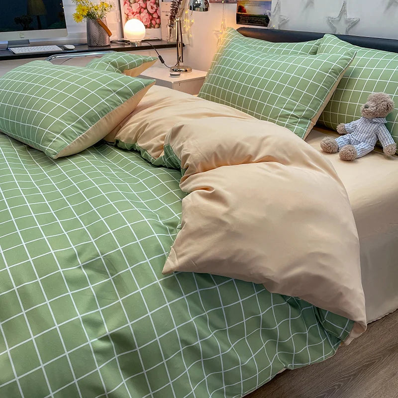 Nordic Plaid Pattern Wash Cotton Bedding Set Duvet Cover Pillowcase Bed Sheet Set Comforter Cover Bed Linens Set Queen King Size.