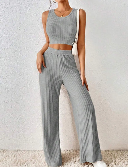 New Spring Solid Color Fashion Casual Knitted Cotton Waist Sleeveless Tank Top High Waist Pants Set For Women's Clothing.