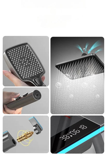 Bathroom Luxury Shower Faucet System with Lights Tempered Glass Shower Set Digital Display Copper Mixer Shower Faucet Set