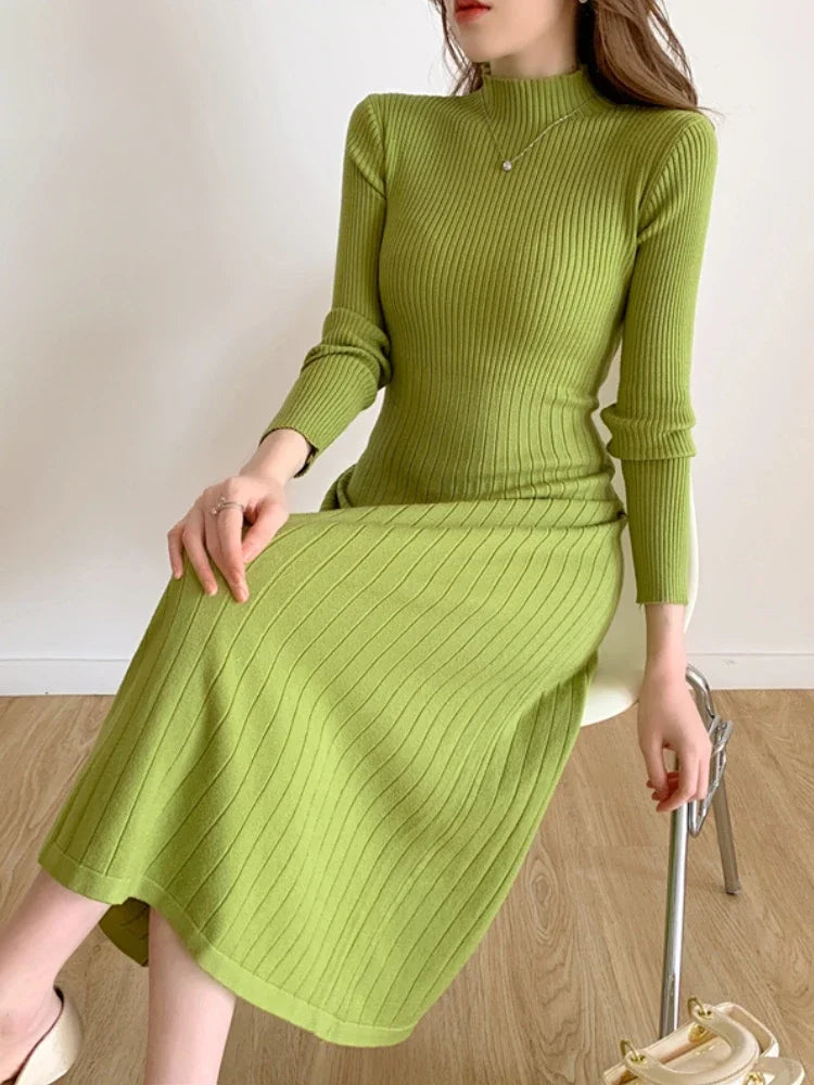 Herbst Winter 2023 Schlank Langarm Party Midi Kleid für Frauen Gestrickte Halb Hohen Kragen Elegante Gestrickte Pullover Kleider Damen.