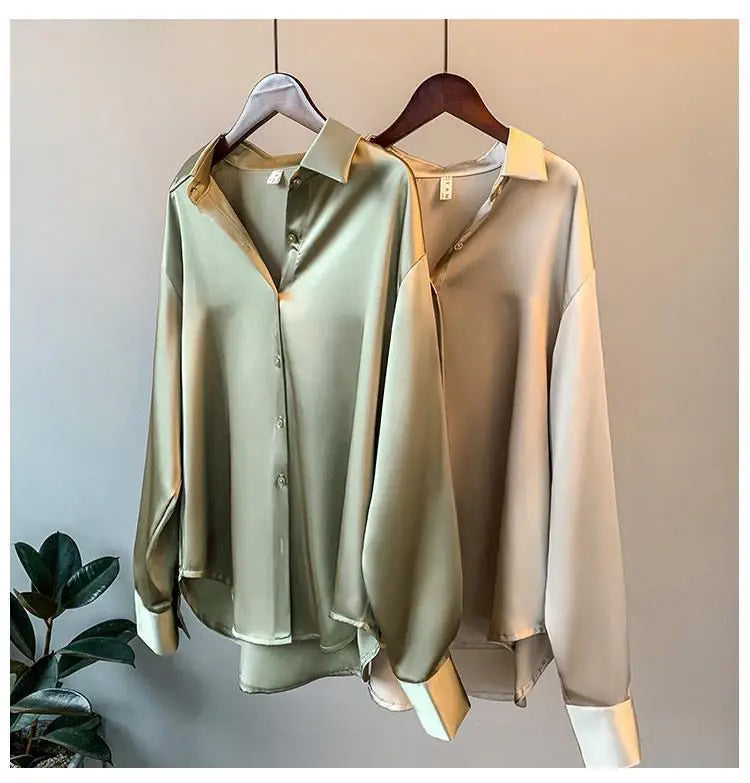1pcs Woman Spring Autumn Satin Shirt Lady Long Sleeve Lapel Blouses Cardigans Elegance Sweet Casual Coats Girl Sunscreen Top.