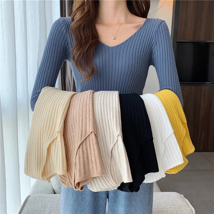 2025 einfarbig Schlank Pullover Koreanische Herbst Winter V-ausschnitt Pullover Mode Lässig Langarm Gestrickte Pullover Frauen Kleidung.
