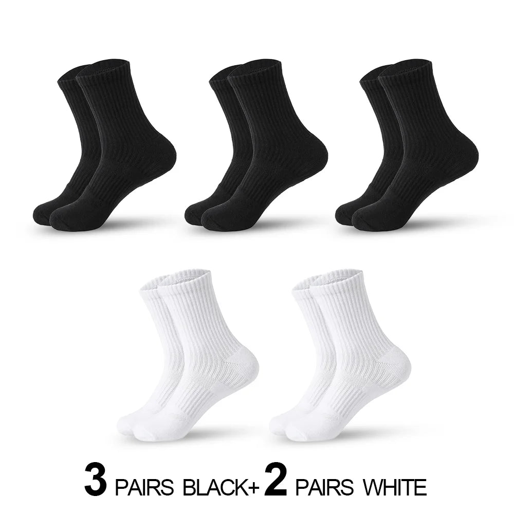 Mens Moisture Wicking Outdoor Hiking Work Cotton Socks Compression Cushion Crew Socks Leisure Men Black Socks 5 Pairs