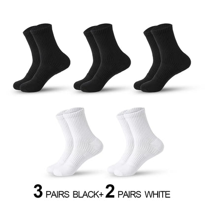 Mens Moisture Wicking Outdoor Hiking Work Cotton Socks Compression Cushion Crew Socks Leisure Men Black Socks 5 Pairs