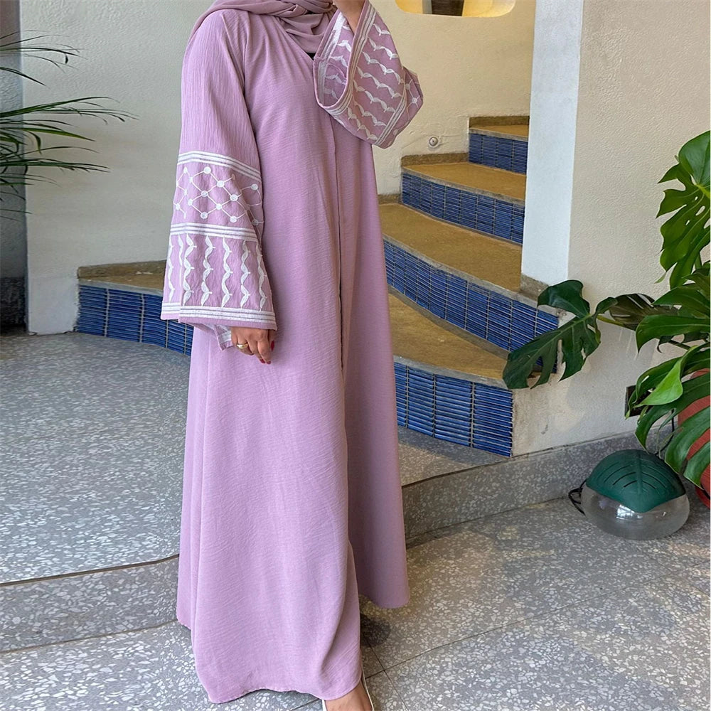 Linen Butterfly Embroidery Open Abaya Dubai Luxury 2024 Muslim Modest Kaftan Kimono Dresses Coat for Women Islam Clothing Kebaya.
