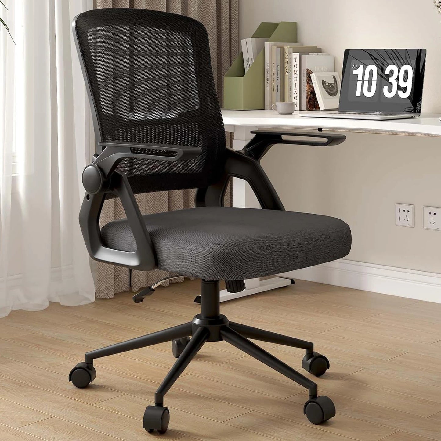 Office Chair Ergonomic Mesh Flip-Up Arms Gaming Chair with Mid Back Cushion Lumbar Support for Home Bedroom Working